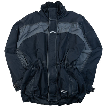 OAKLEY black and grey zip-up snowboarding jacket with embroidered logo and adjustable cuffs.