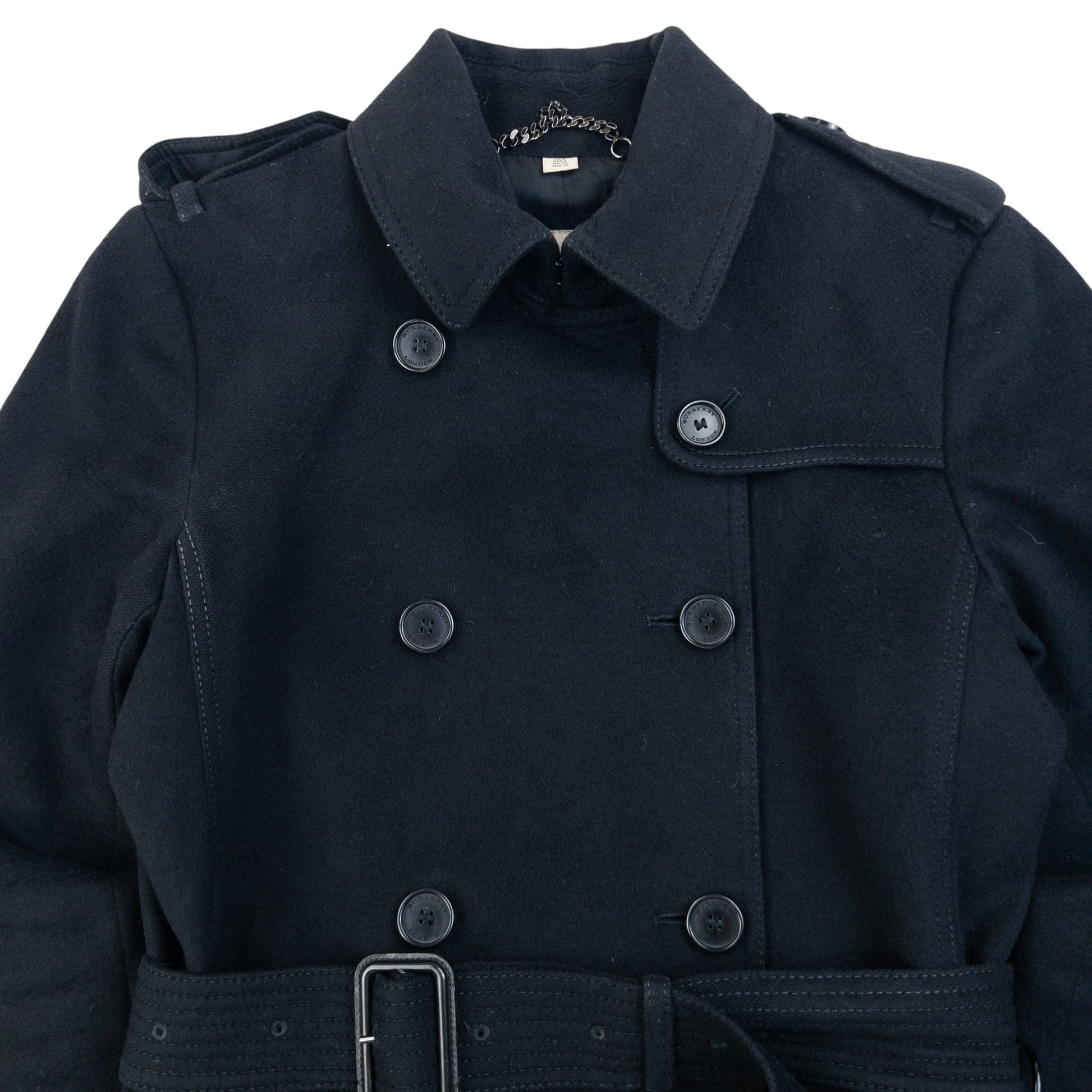Burberry London black wool trench coat double breasted design with embossed fastenings and epaulets