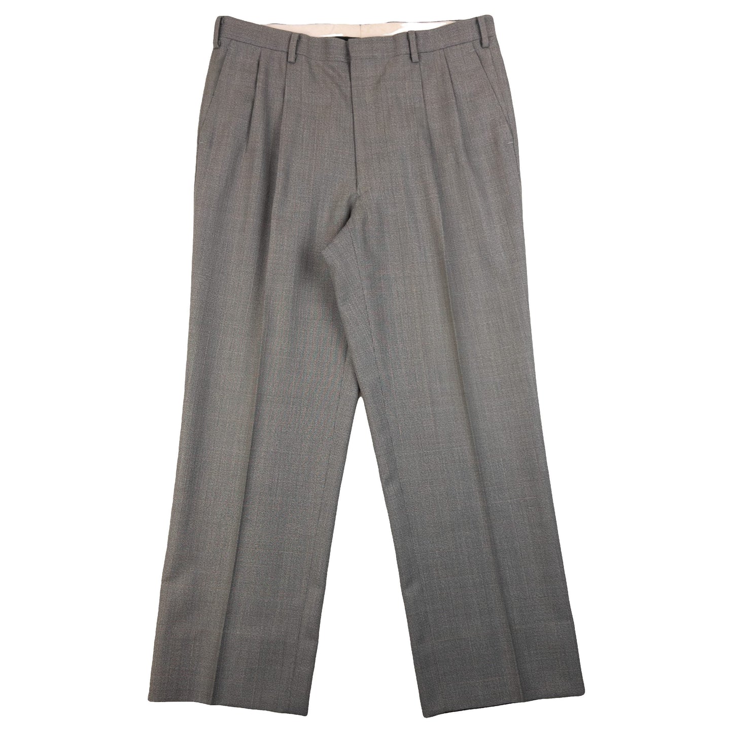 BALENCIAGA grey checkered suit set featuring a two-button jacket with flap pockets and pleated trousers