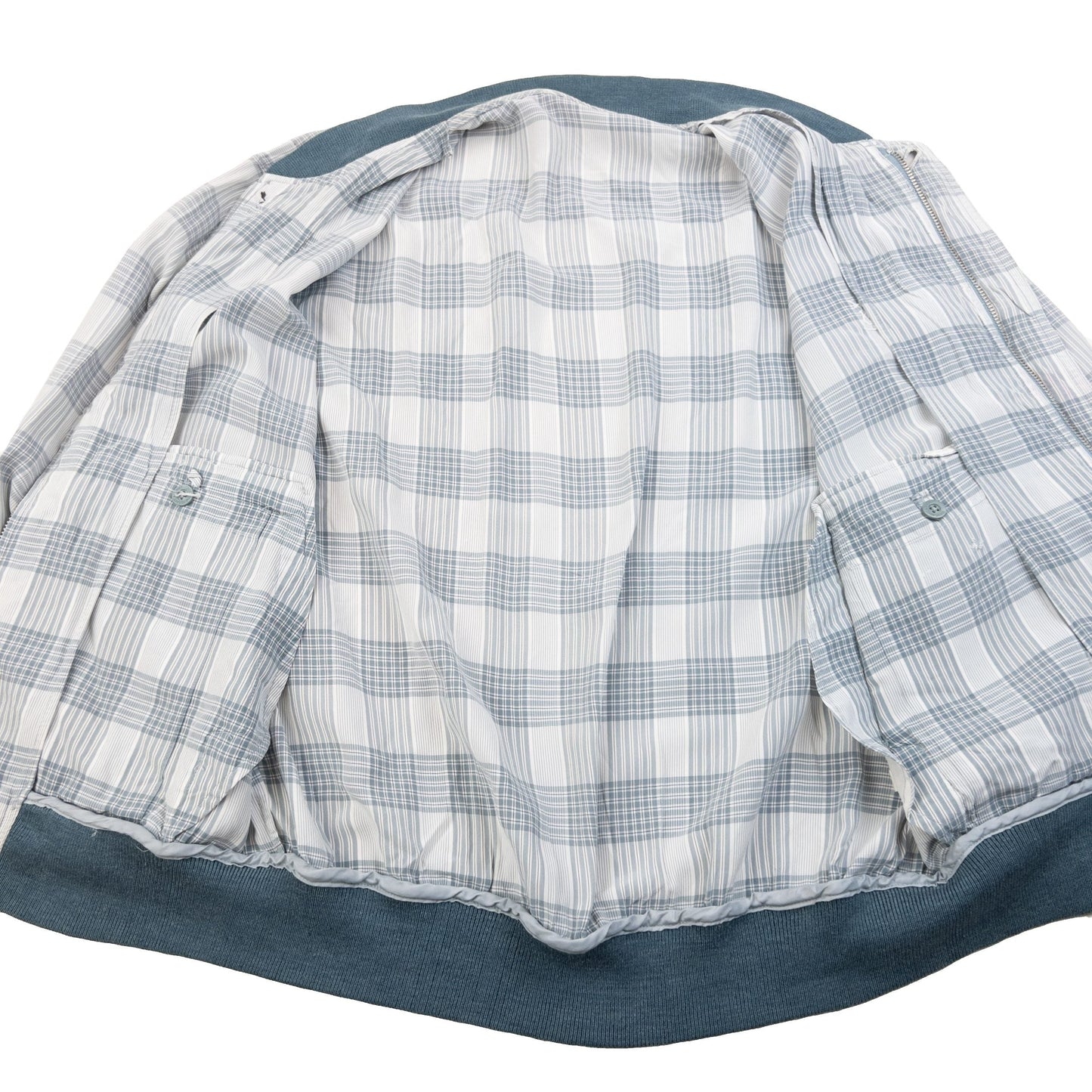 YVES SAINT LAURENT blue and white checkered bomber jacket embroidered logo on chest, ribbed details.