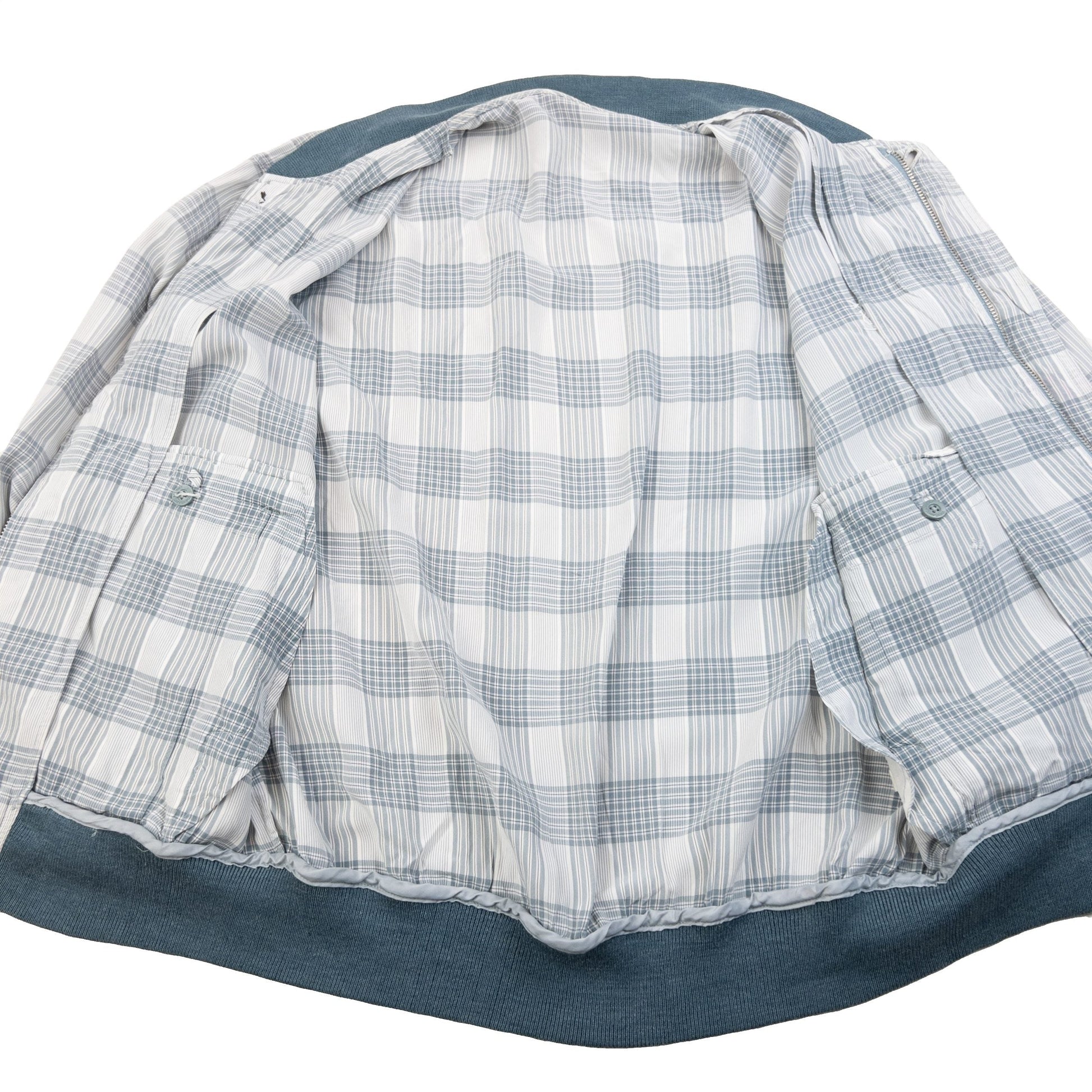 YVES SAINT LAURENT blue and white checkered bomber jacket embroidered logo on chest, ribbed details.