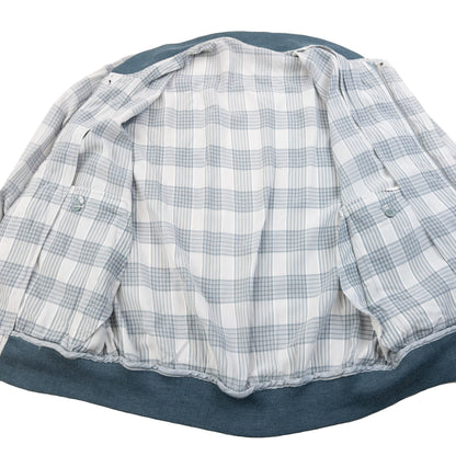 YVES SAINT LAURENT blue and white checkered bomber jacket embroidered logo on chest, ribbed details.