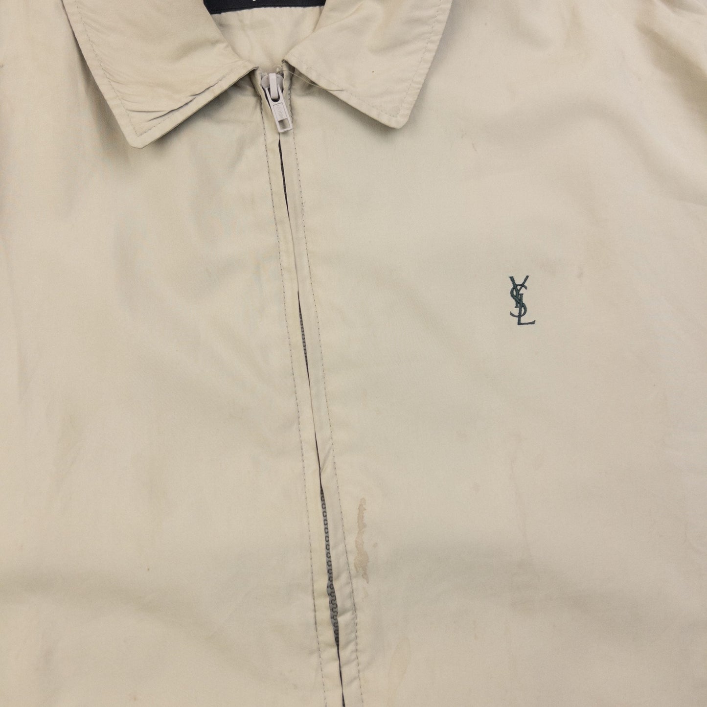 YVES SAINT LAURENT beige and grey Harrington jacket embroidered logo on chest, zip front closure.