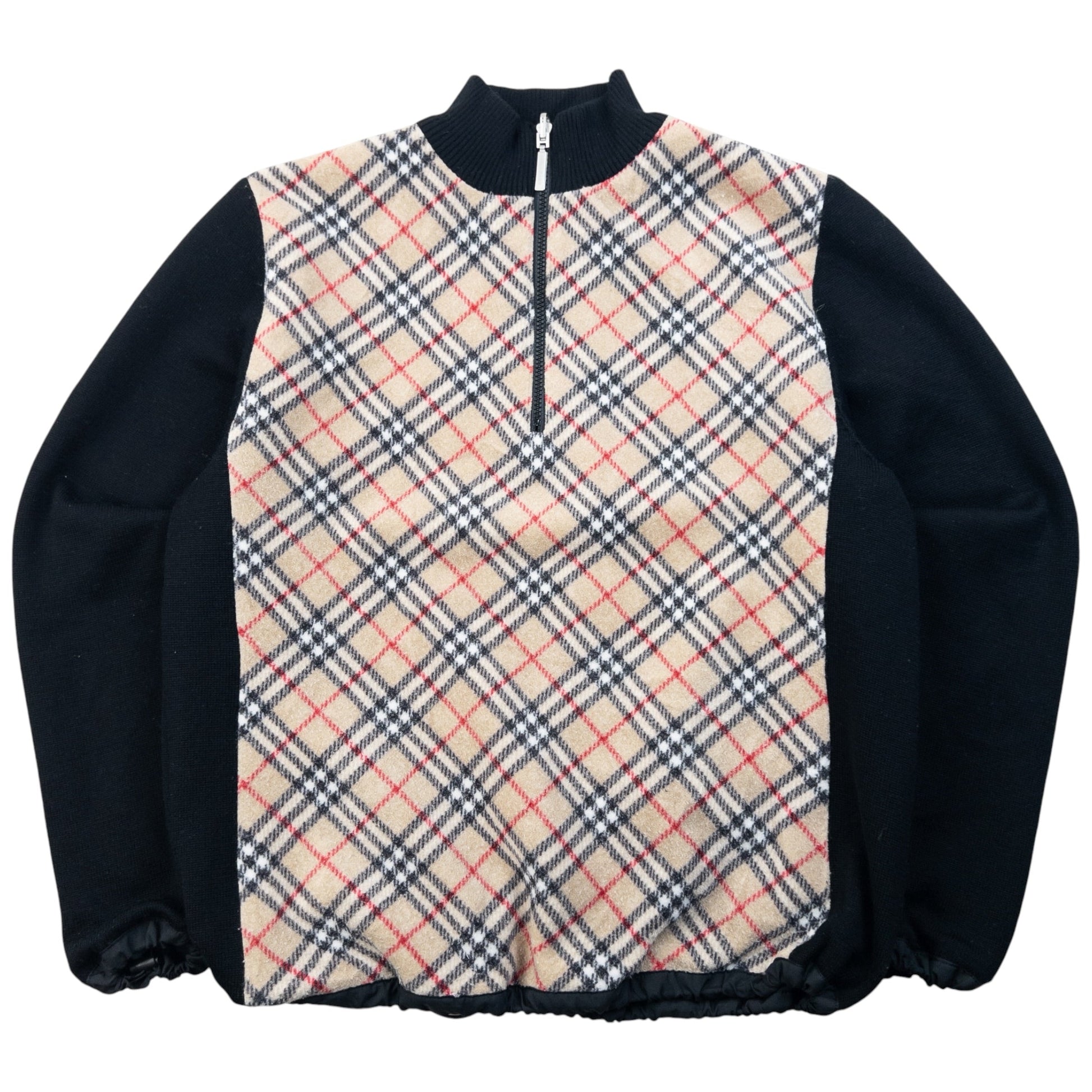 Burberry beige and black reversible jacket featuring classic Nova Check pattern and branded zipper pull.