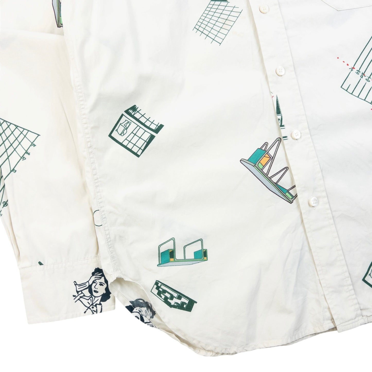 Cav Empt blue and white button-up shirt with abstract geometric print and single chest pocket.