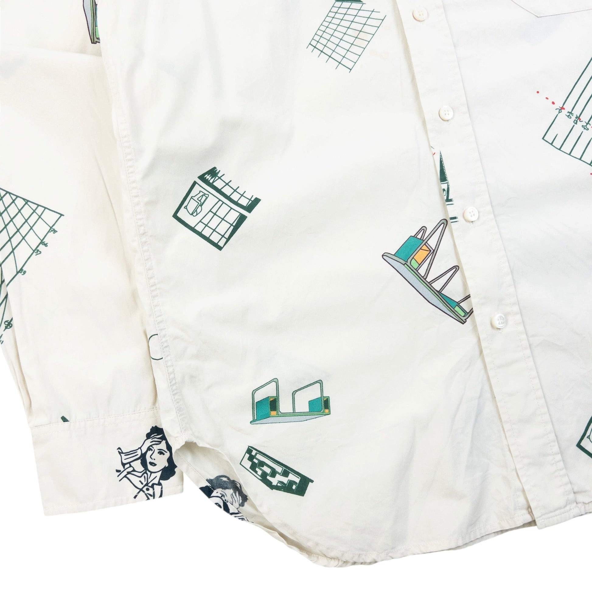 Cav Empt blue and white button-up shirt with abstract geometric print and single chest pocket.