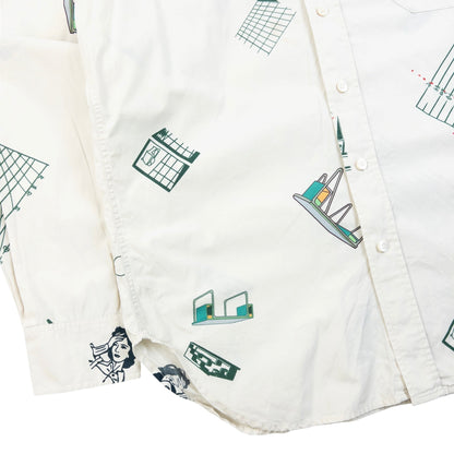 Cav Empt blue and white button-up shirt with abstract geometric print and single chest pocket.