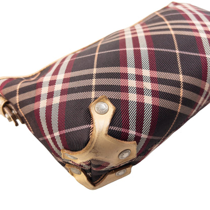 Burberry beige crossbody bag featuring classic Nova Check pattern and branded metal studs.