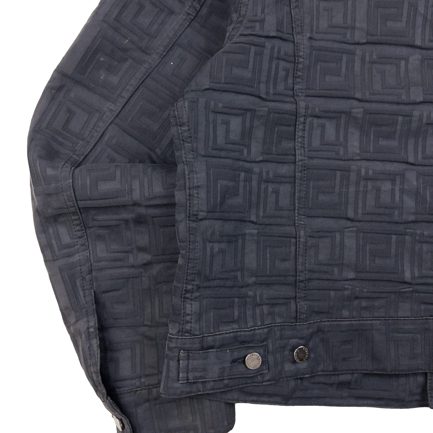 Versace Classic black button-up jacket embossed geometric pattern and branded metal buttons.