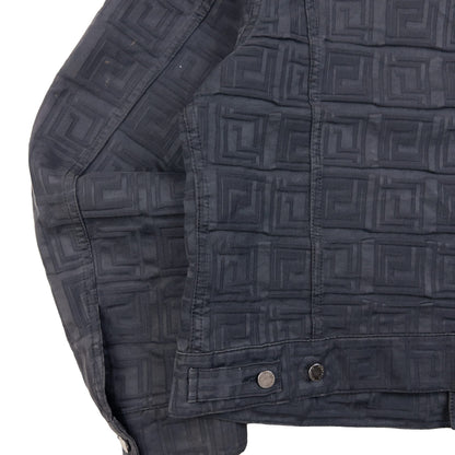 Versace Classic black button-up jacket embossed geometric pattern and branded metal buttons.