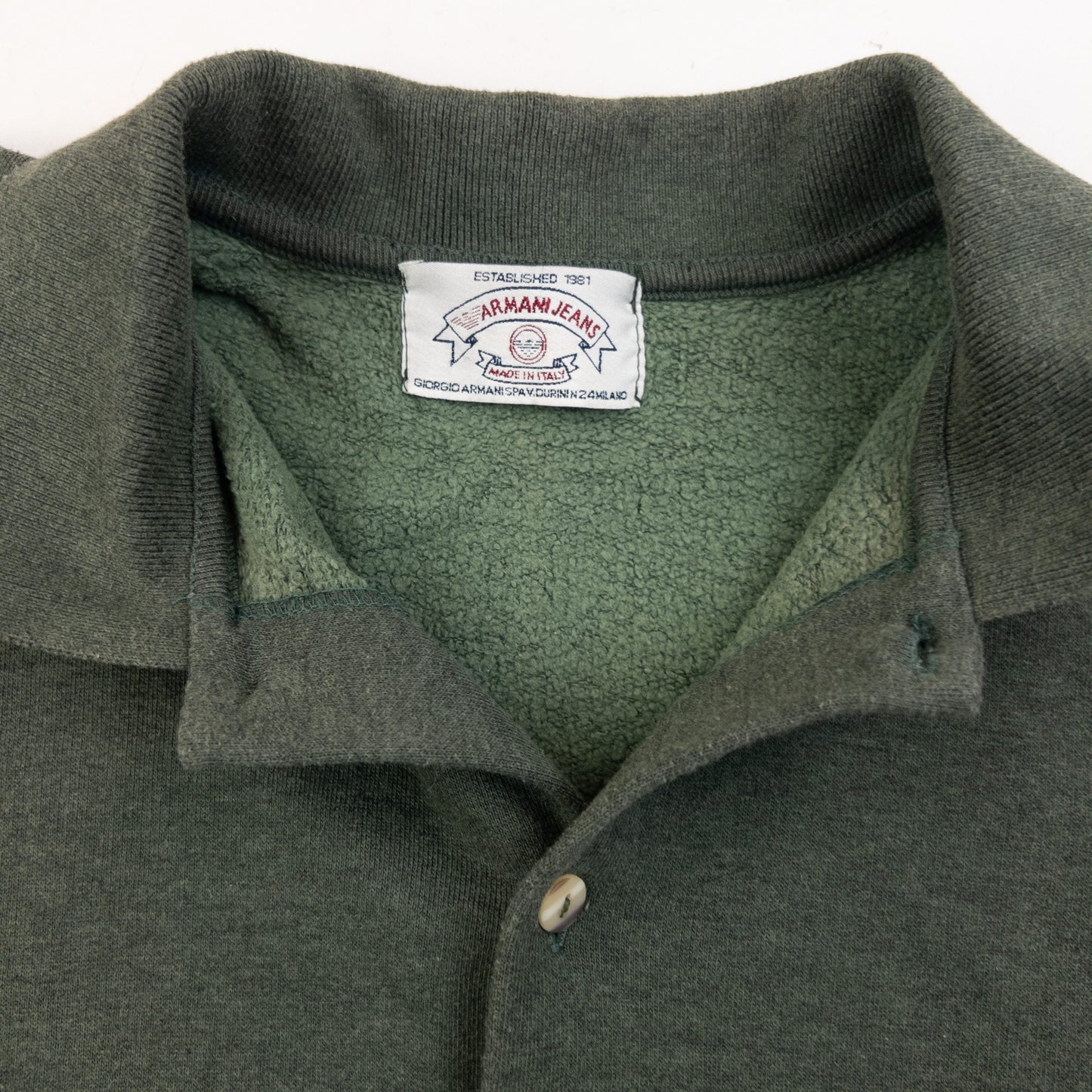 Armani Jeans green button-up collared jumper embroidered logo on chest, fleece-lined interior.