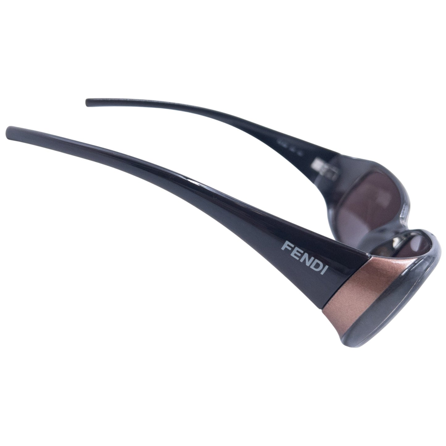 FENDI brown sunglasses classic rectangular shape with metallic accents and printed logo on sides