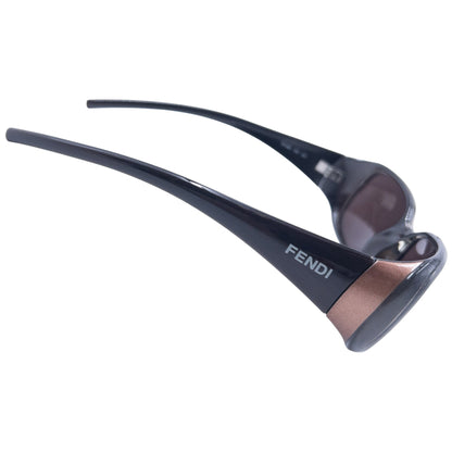 FENDI brown sunglasses classic rectangular shape with metallic accents and printed logo on sides