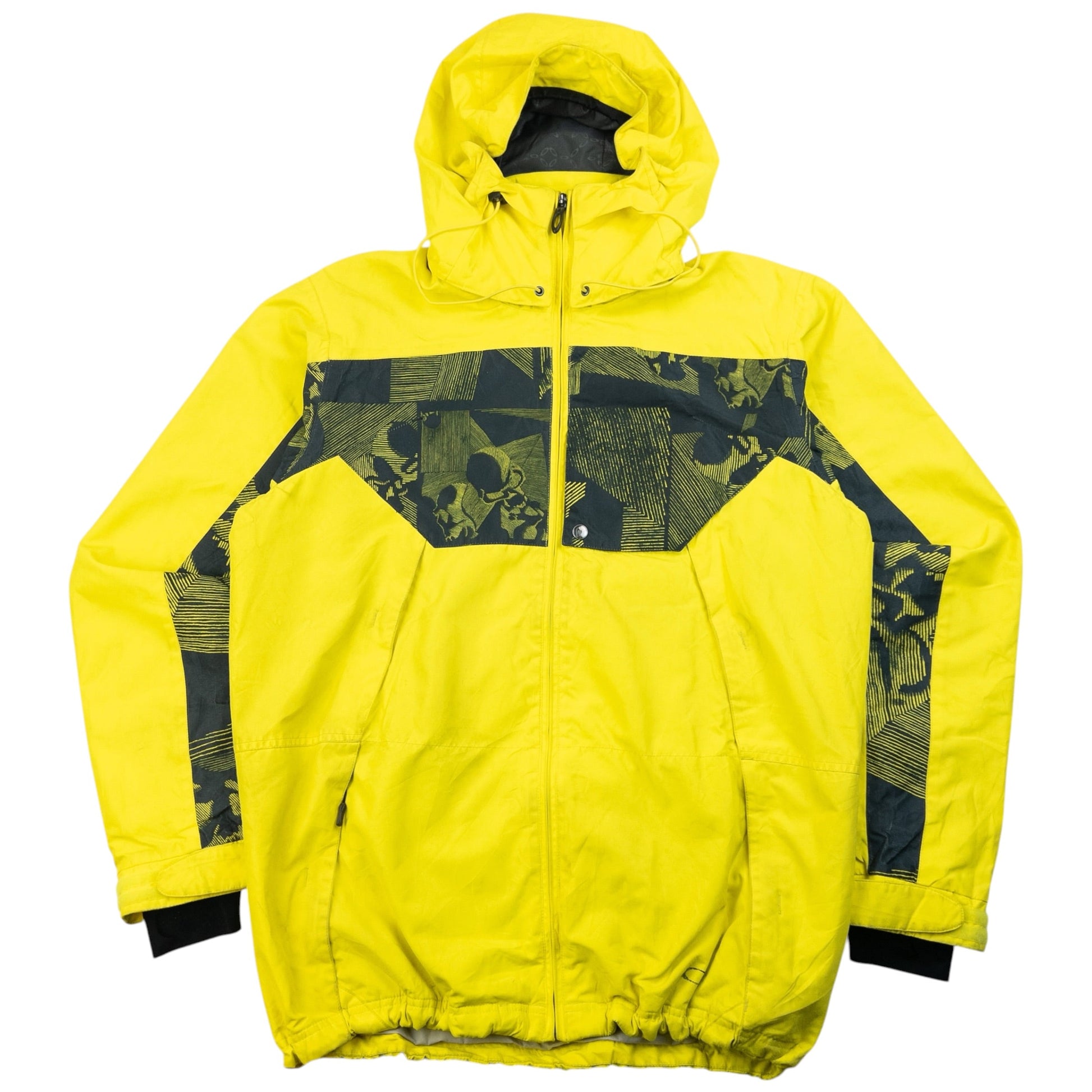 OAKLEY black and yellow zip-up snowboarding jacket bold patterned design on chest and sleeves