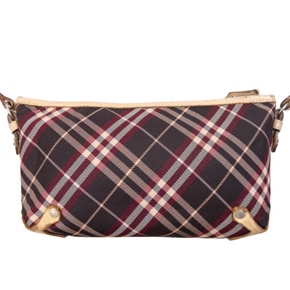 Burberry beige crossbody bag featuring classic Nova Check pattern and branded metal studs.