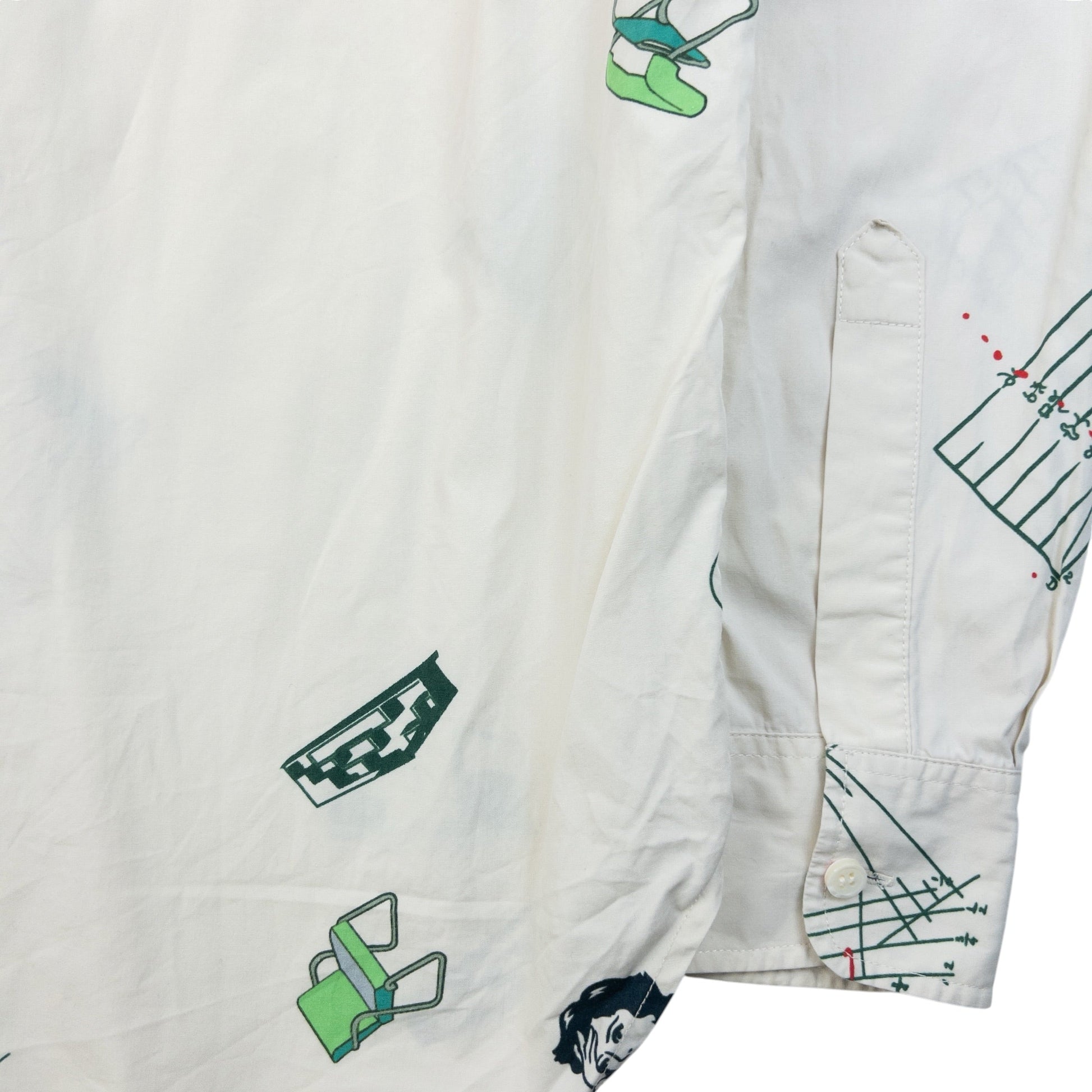 Cav Empt blue and white button-up shirt with abstract geometric print and single chest pocket.