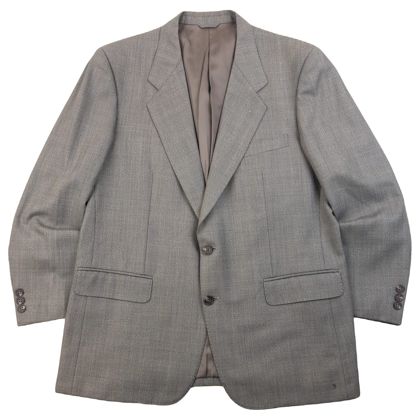 BALENCIAGA grey checkered suit set featuring a two-button jacket with flap pockets and pleated trousers