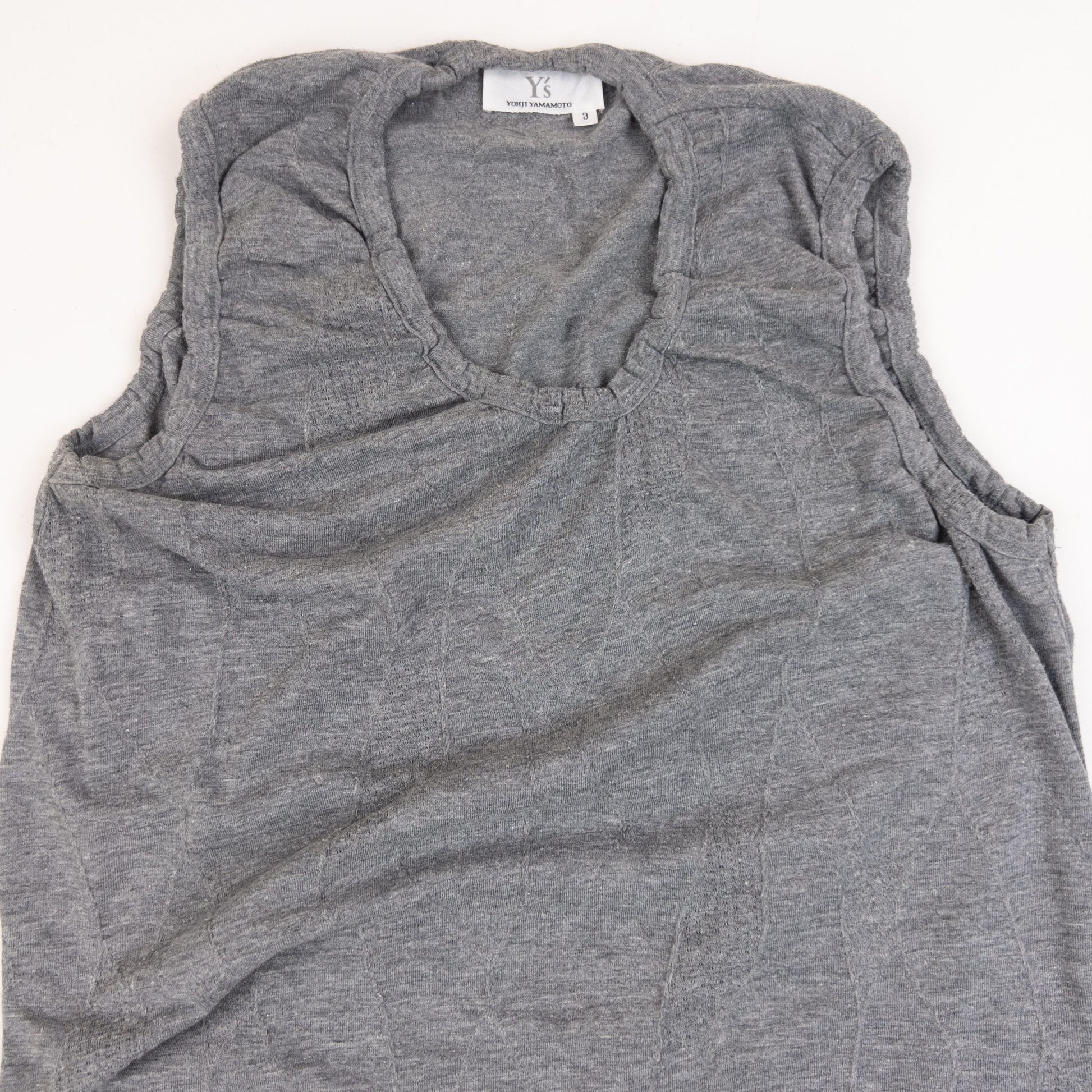 YOHJI YAMAMOTO grey sleeveless maxi dress ruched neckline detail elegant lace design