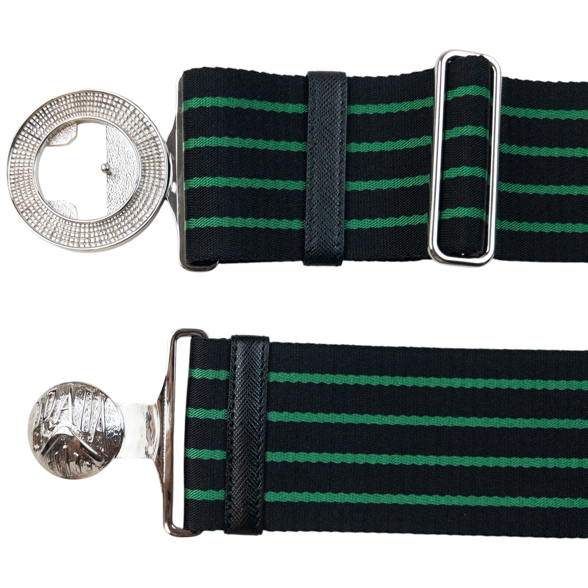 Prada black and green striped belt wide elastic design with silver-tone logo buckle detail