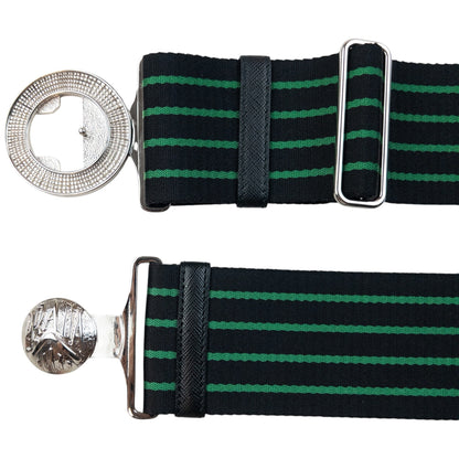 Prada black and green striped belt wide elastic design with silver-tone logo buckle detail