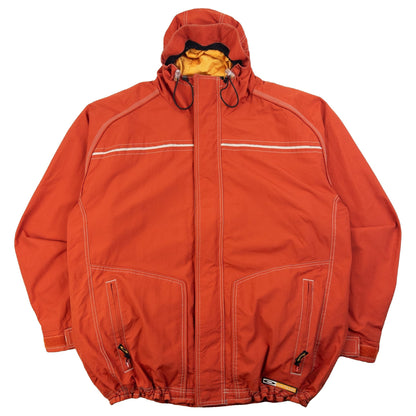 OAKLEY orange zip-up snowboarding jacket with reflective strip detail on chest and hood.
