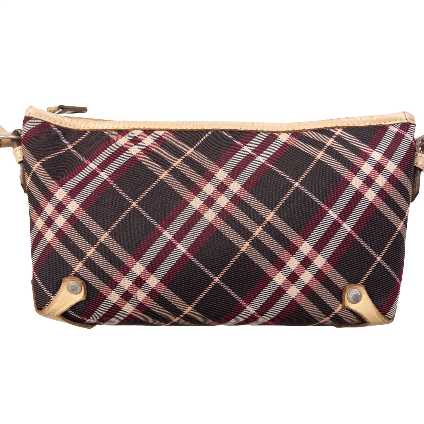 Burberry beige crossbody bag featuring classic Nova Check pattern and branded metal studs.