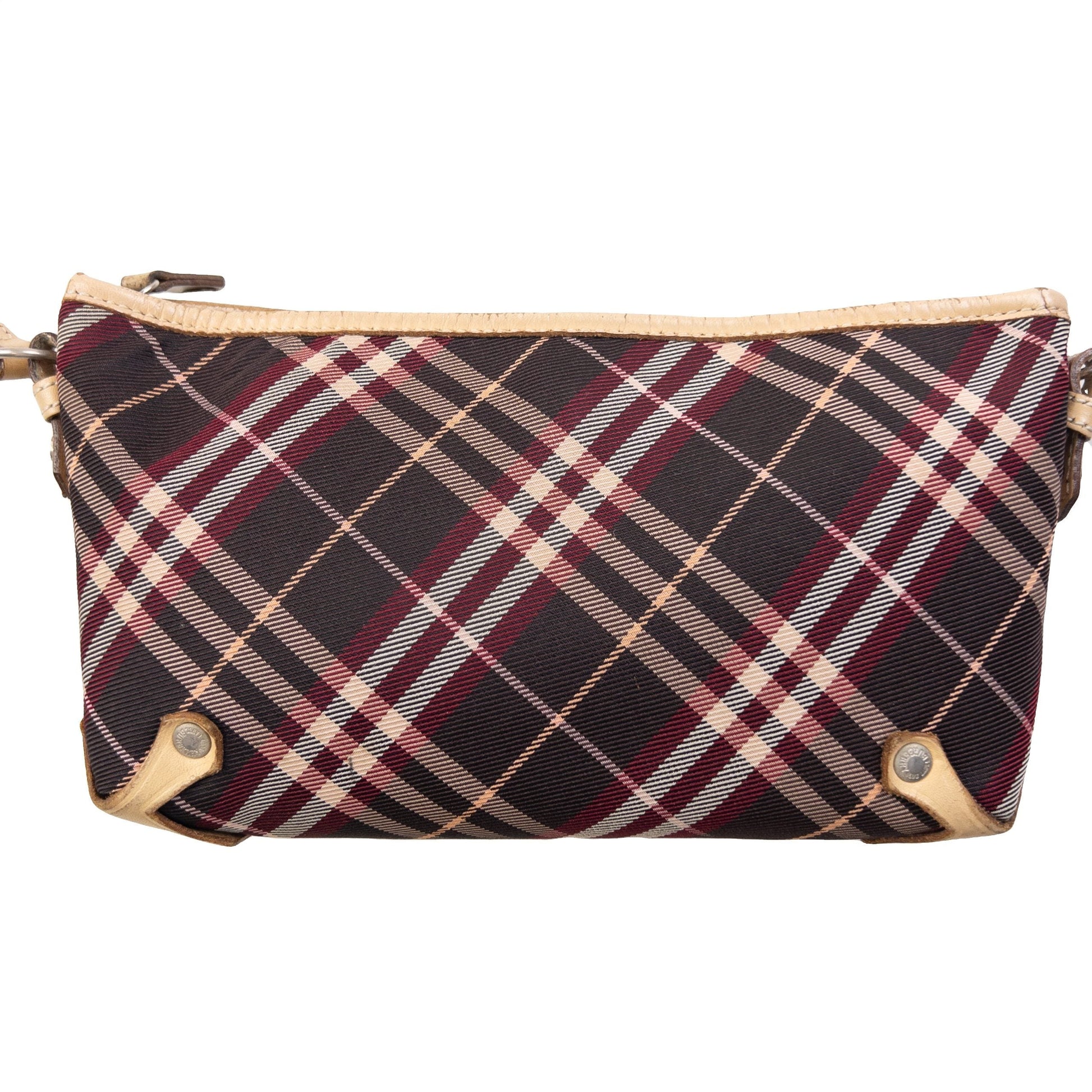 Burberry beige crossbody bag featuring classic Nova Check pattern and branded metal studs.