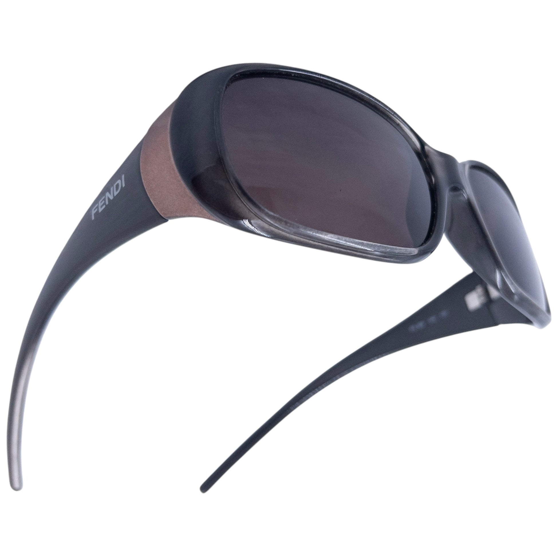 FENDI brown sunglasses classic rectangular shape with metallic accents and printed logo on sides