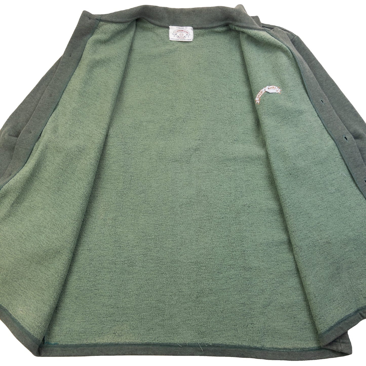 Armani Jeans green button-up collared jumper embroidered logo on chest, fleece-lined interior.