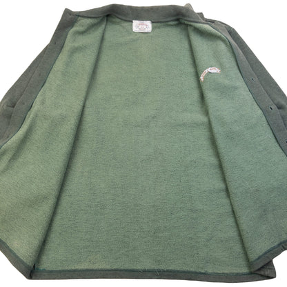 Armani Jeans green button-up collared jumper embroidered logo on chest, fleece-lined interior.