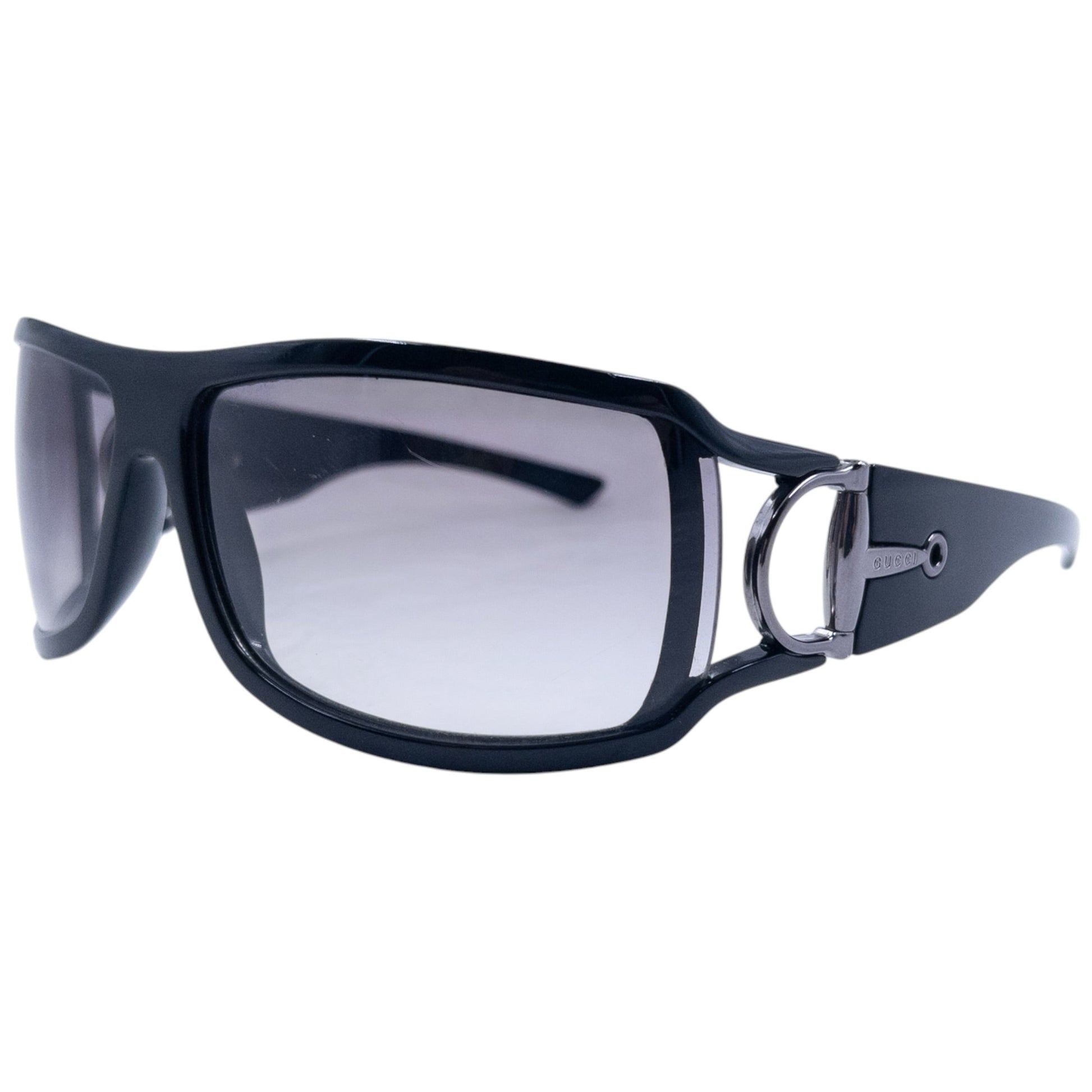 GUCCI black sunglasses large wraparound style silver-tone horse bit hardware detail on temples