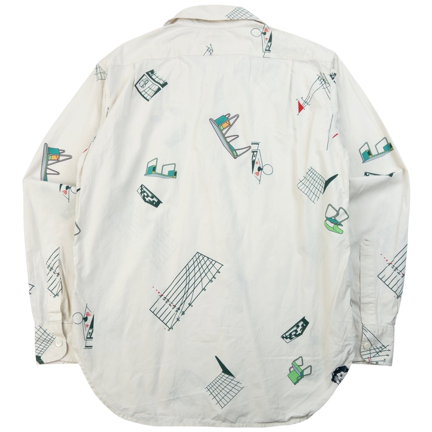 Cav Empt blue and white button-up shirt with abstract geometric print and single chest pocket.