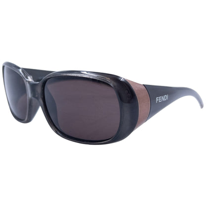 FENDI brown sunglasses classic rectangular shape with metallic accents and printed logo on sides