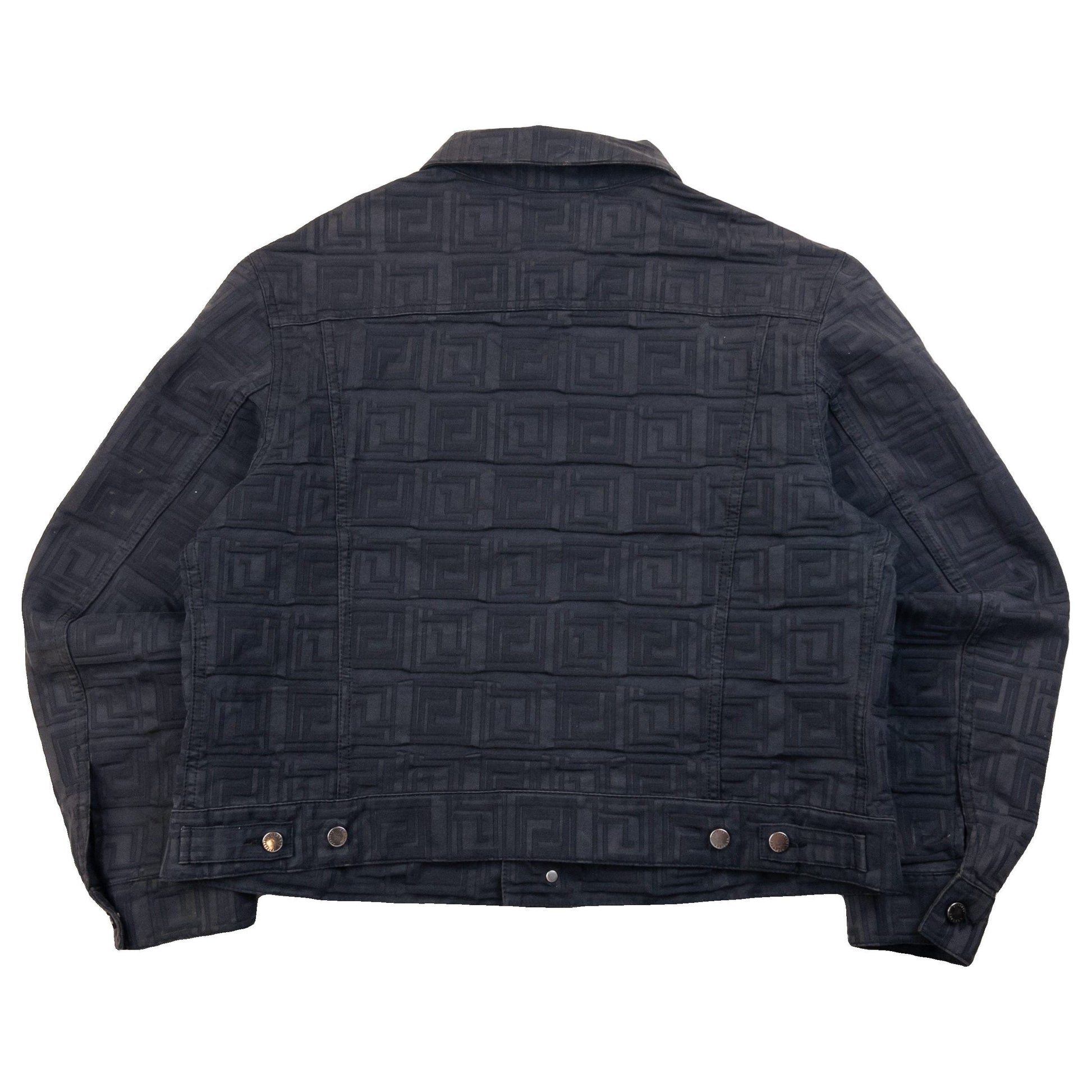 Versace Classic black button-up jacket embossed geometric pattern and branded metal buttons.