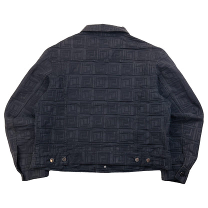 Versace Classic black button-up jacket embossed geometric pattern and branded metal buttons.