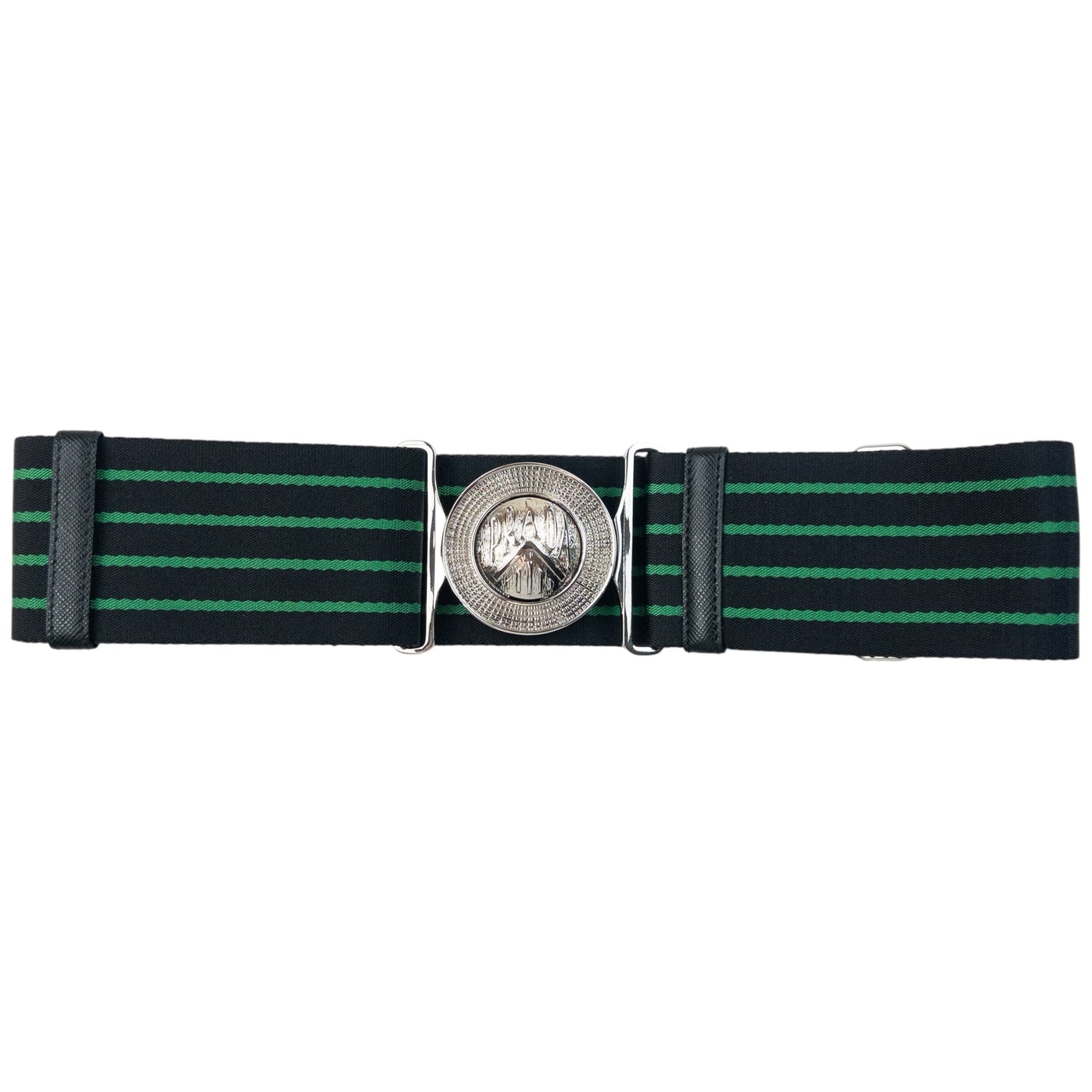 Prada black and green striped belt wide elastic design with silver-tone logo buckle detail