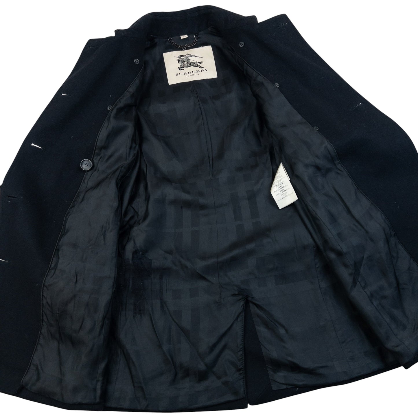 Burberry London black wool trench coat double breasted design with embossed fastenings and epaulets