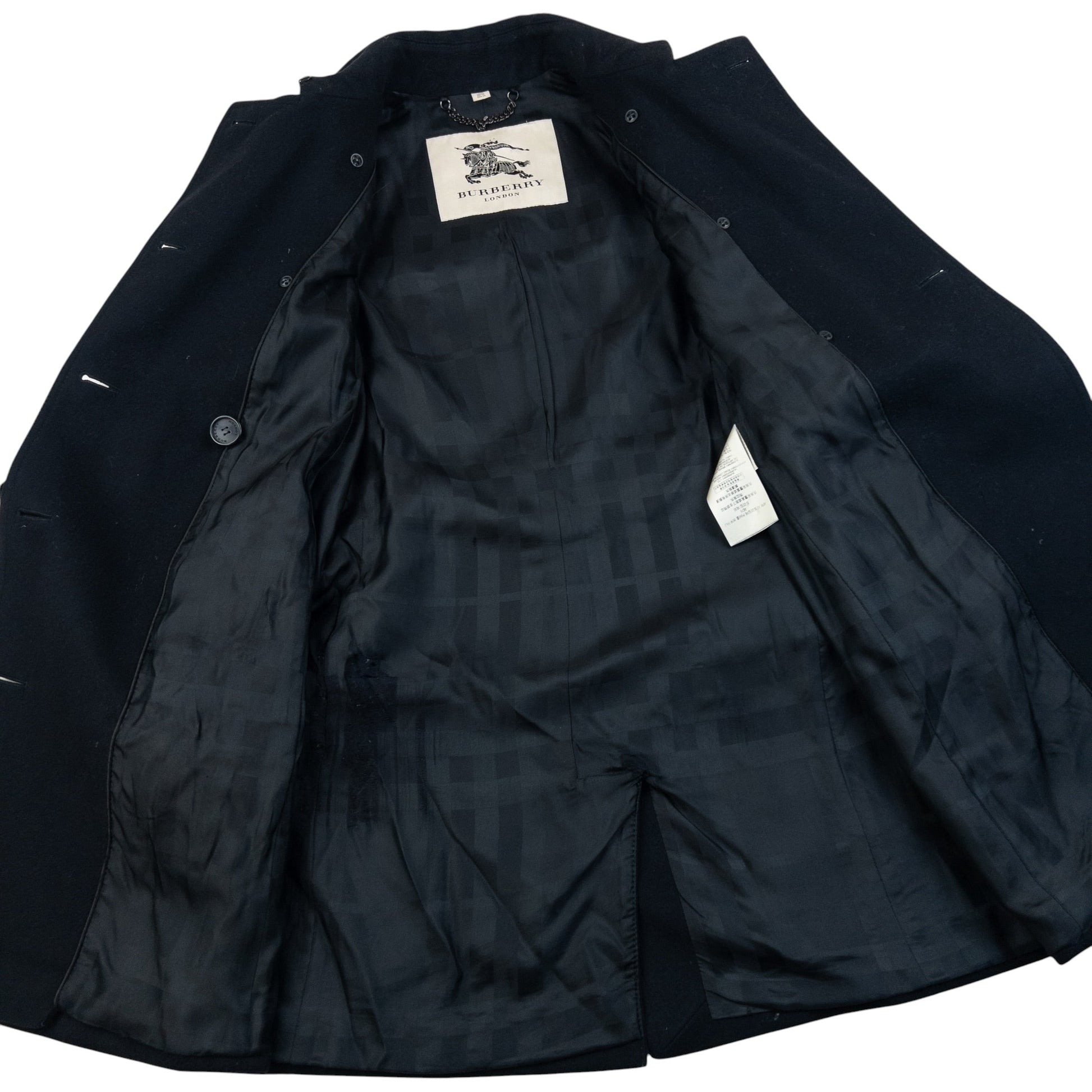 Burberry London black wool trench coat double breasted design with embossed fastenings and epaulets