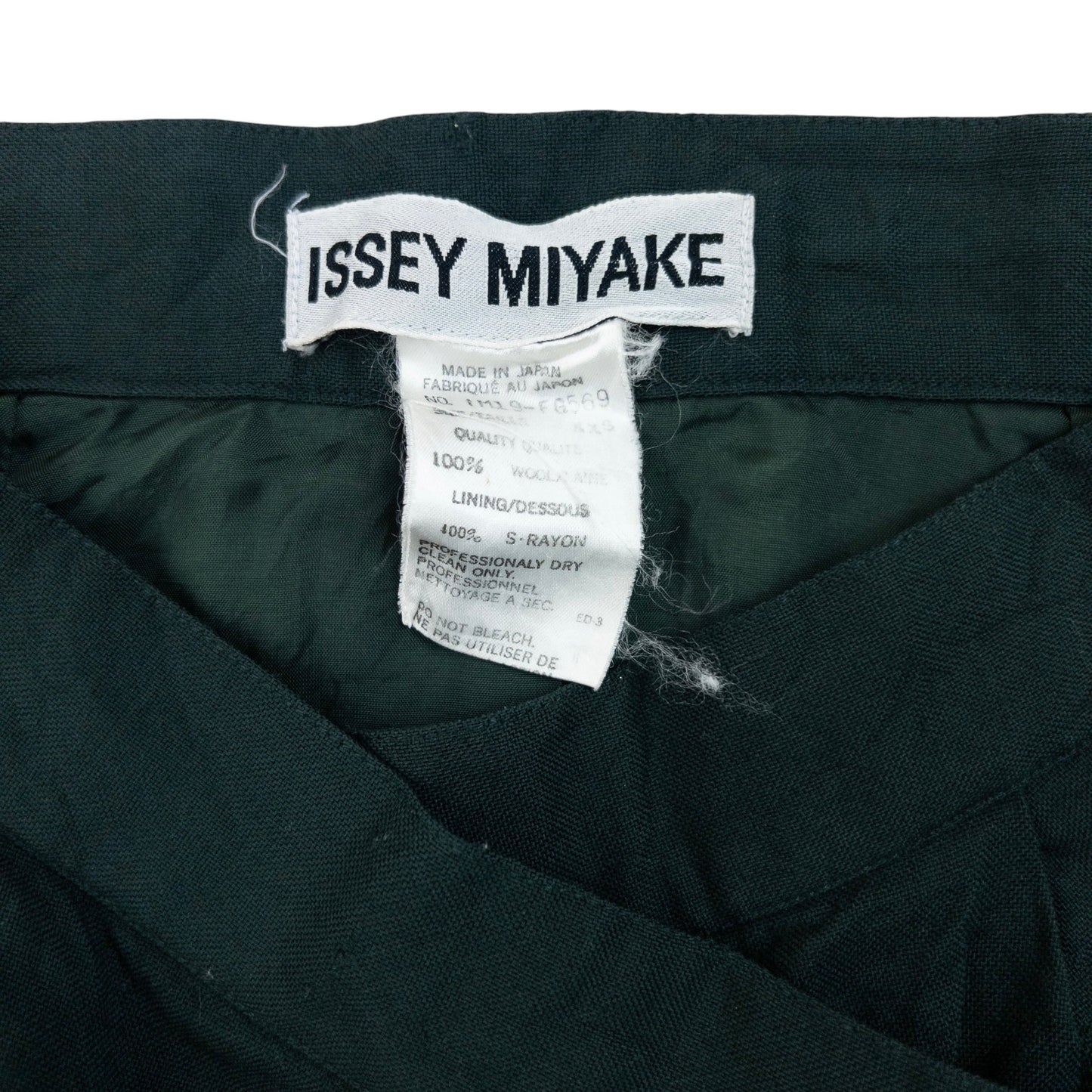 ISSEY MIYAKE vintage wrap skirt dark green wool fabric with button fastener at waistband