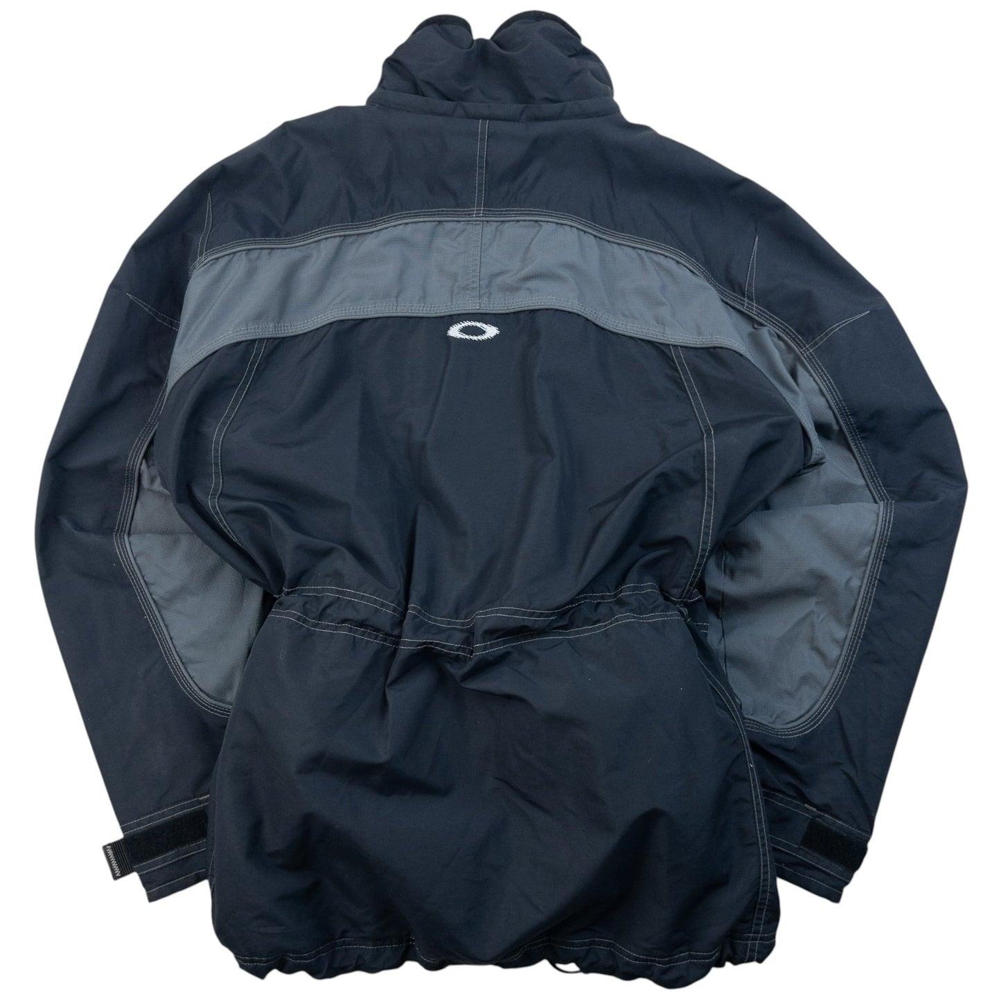 OAKLEY black and grey zip-up snowboarding jacket with embroidered logo and adjustable cuffs.