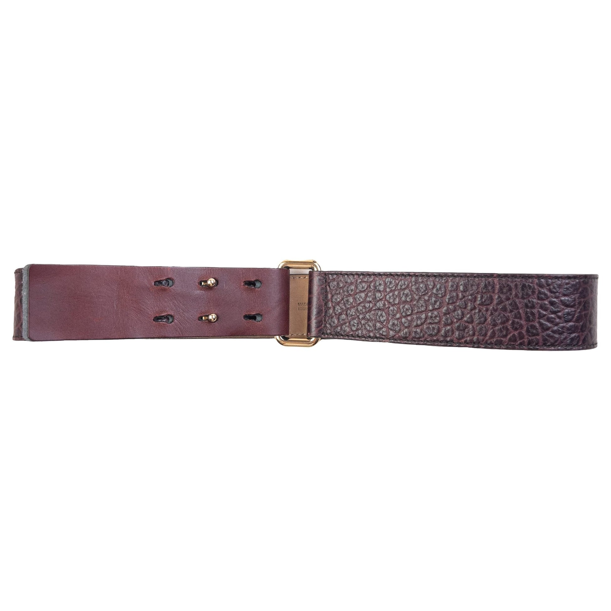 Burberry brown and burgundy leather belt textured finish gold-tone double prong buckle detail