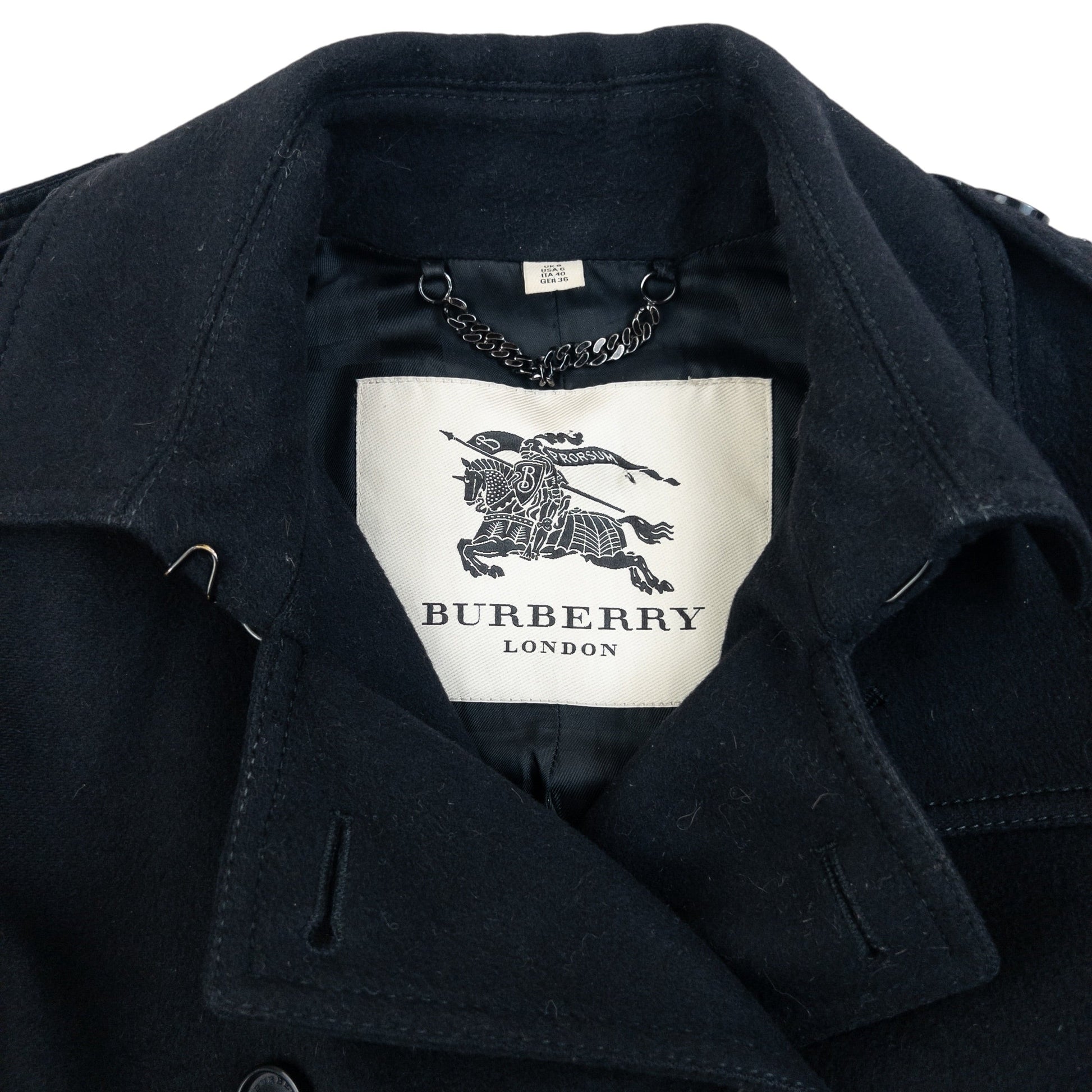 Burberry London black wool trench coat double breasted design with embossed fastenings and epaulets