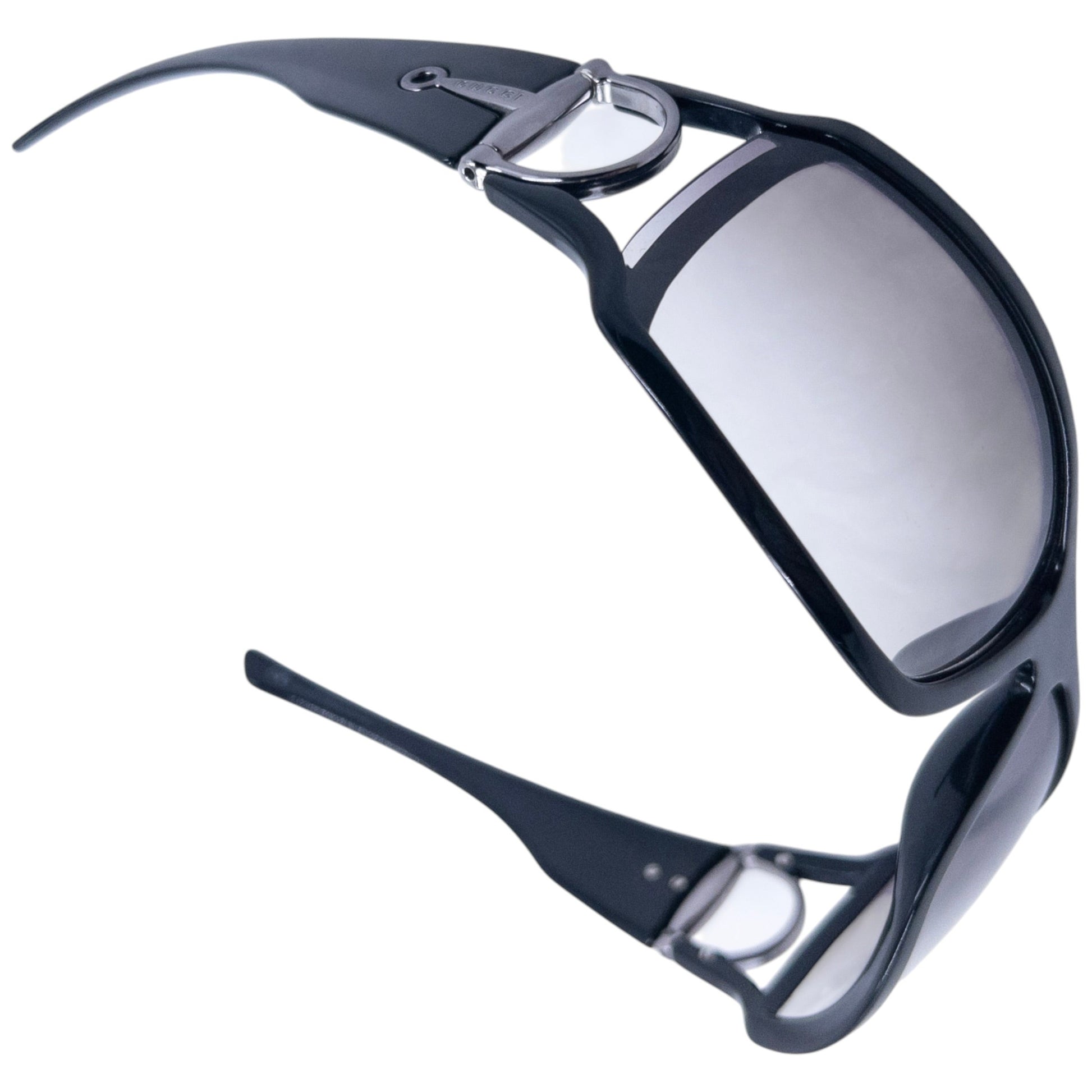 GUCCI black sunglasses large wraparound style silver-tone horse bit hardware detail on temples