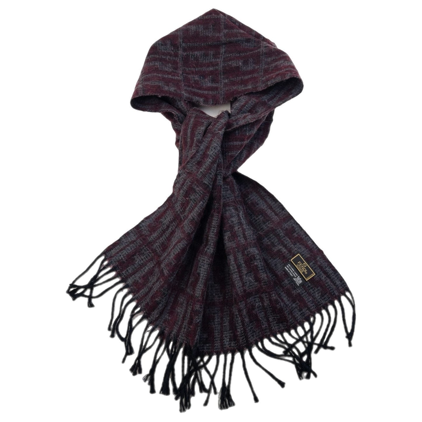 FENDI vintage 90s wool scarf burgundy and grey monogram pattern with black tassels on ends