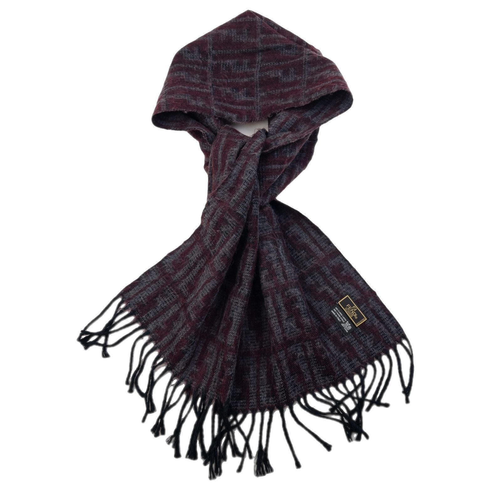 FENDI vintage 90s wool scarf burgundy and grey monogram pattern with black tassels on ends