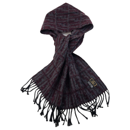 FENDI vintage 90s wool scarf burgundy and grey monogram pattern with black tassels on ends