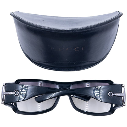 GUCCI black sunglasses large wraparound style silver-tone horse bit hardware detail on temples