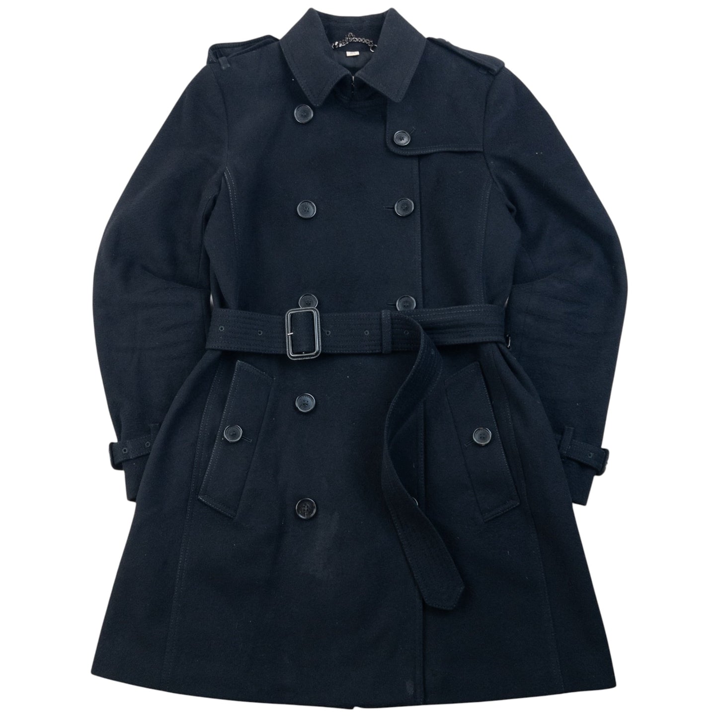 Burberry London black wool trench coat double breasted design with embossed fastenings and epaulets