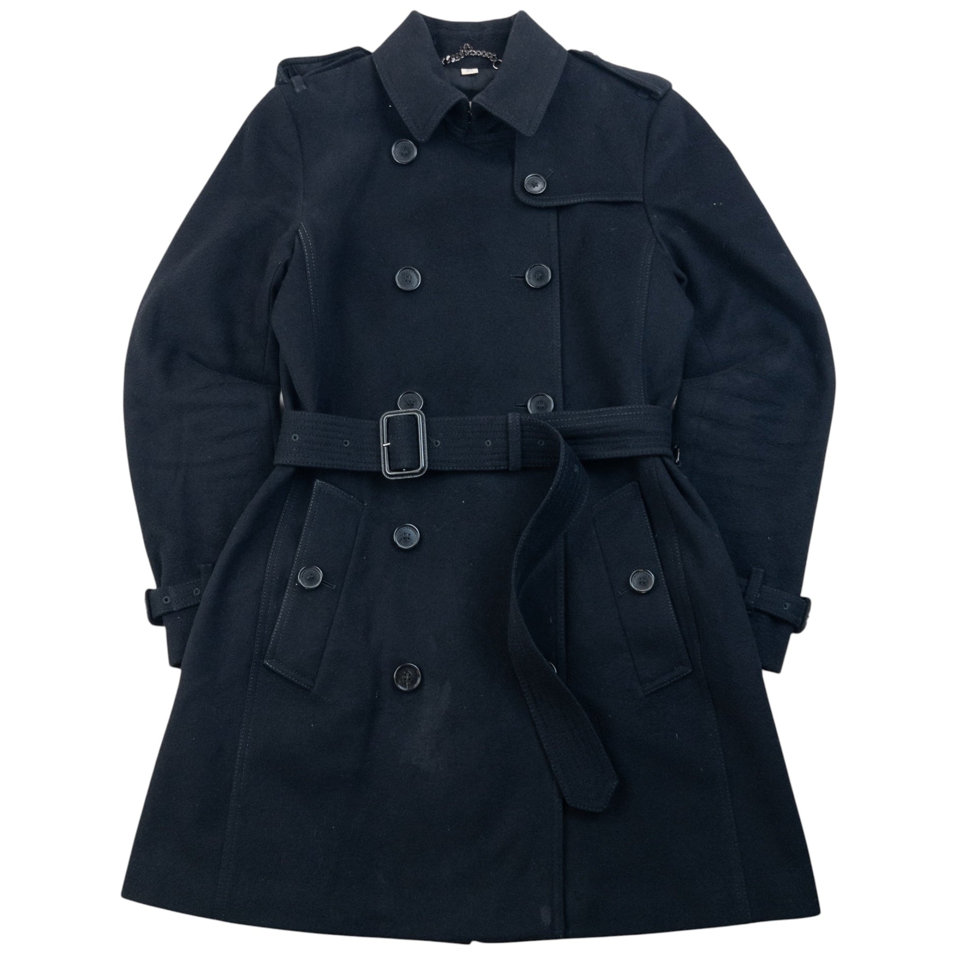 Burberry London black wool trench coat double breasted design with embossed fastenings and epaulets