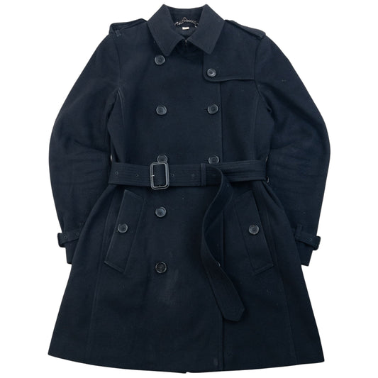 Burberry London black wool trench coat double breasted design with embossed fastenings and epaulets